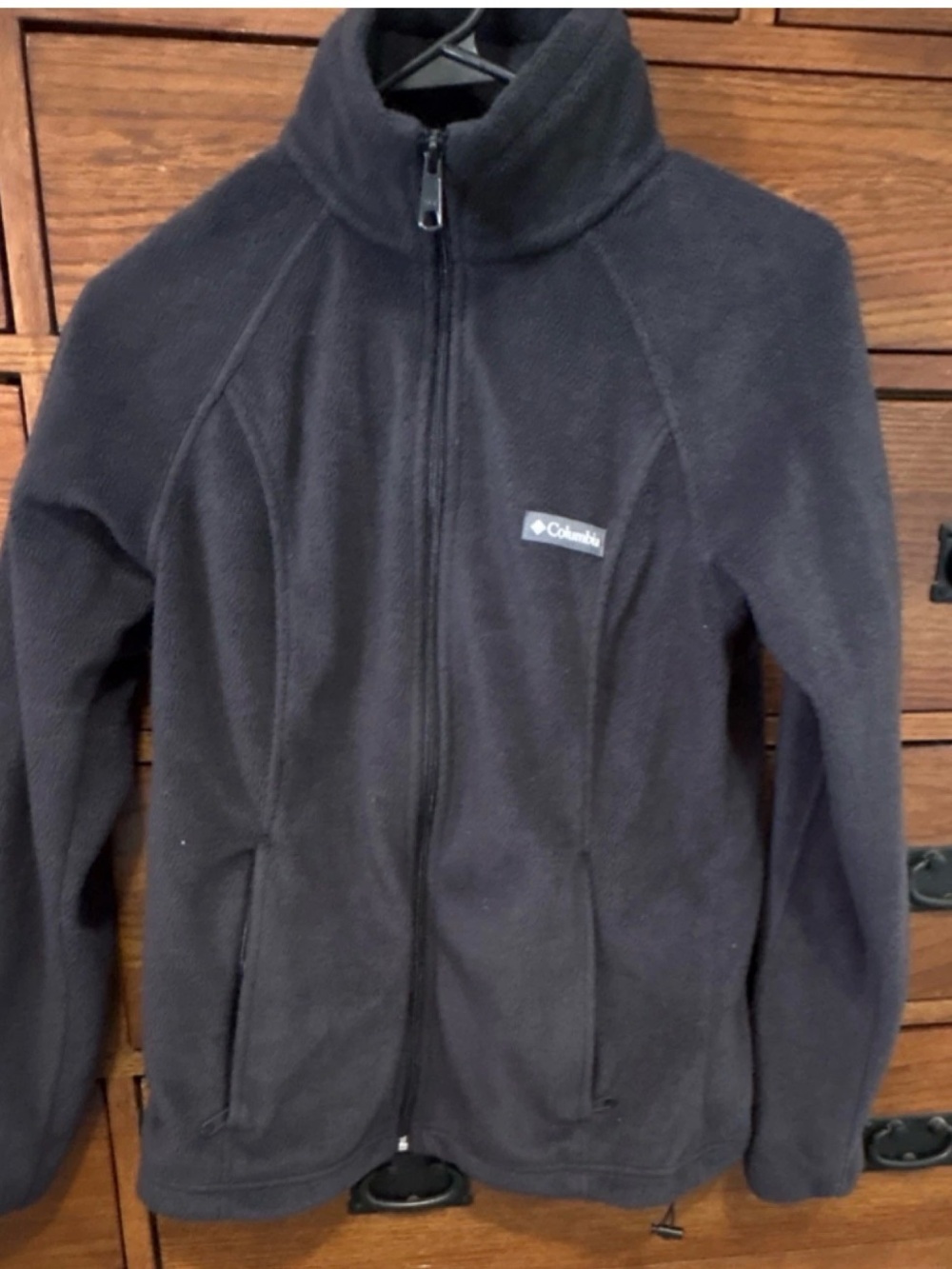 Columbia Black Fleece Jacket with Blue Tag Accent